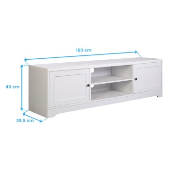 Mueble TV blanco con puertas y estantes abiertos en el centro y compartimentos laterales cerrados