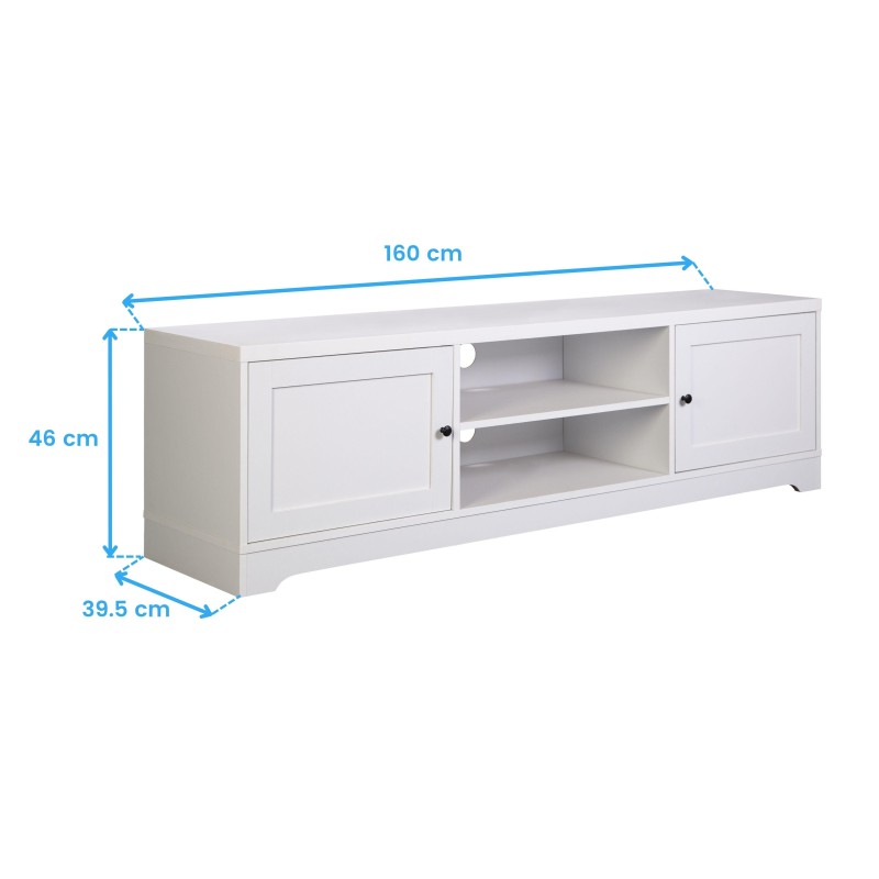 Mueble TV blanco con puertas y estantes abiertos en el centro y compartimentos laterales cerrados