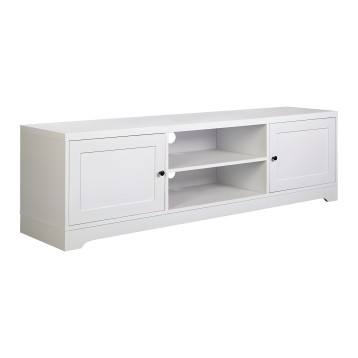 Mueble TV blanco con dos puertas laterales y estantes abiertos centrales de madera