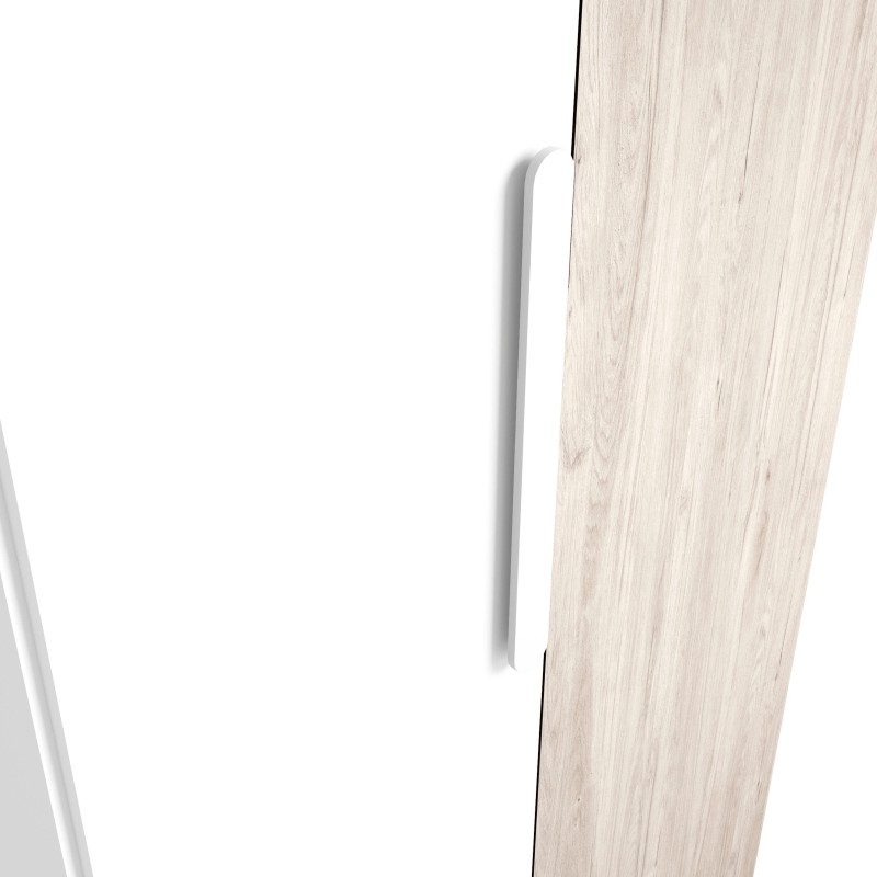 Puerta de madera clara con marco blanco y tirador metálico minimalista integrado en el canto