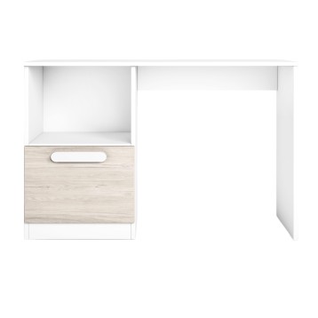Escritorio blanco y madera clara con cajón y hueco abierto superior vista frontal