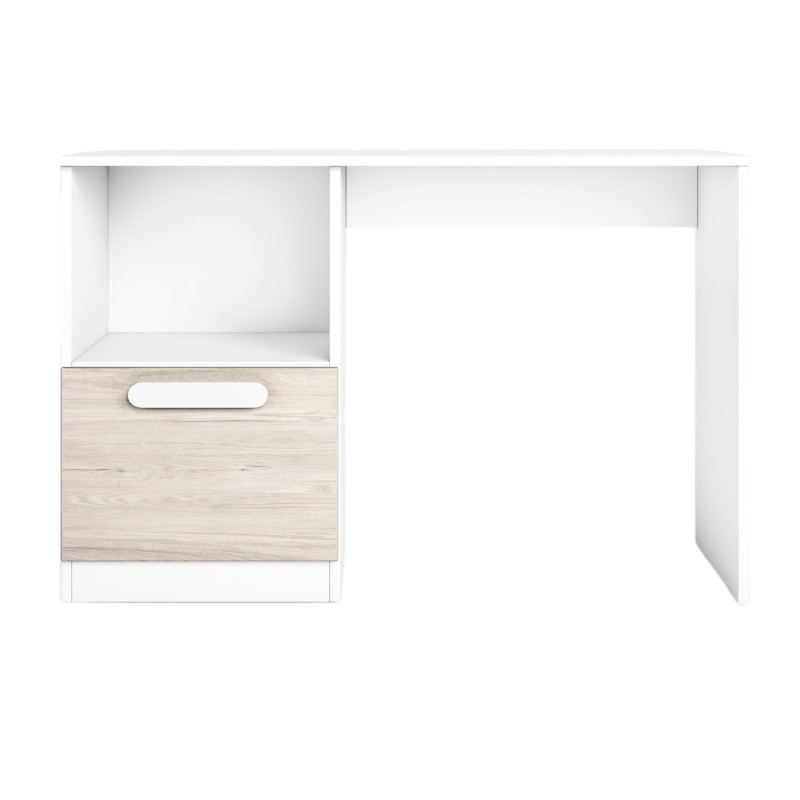 Escritorio blanco y madera clara con cajón y hueco abierto superior vista frontal