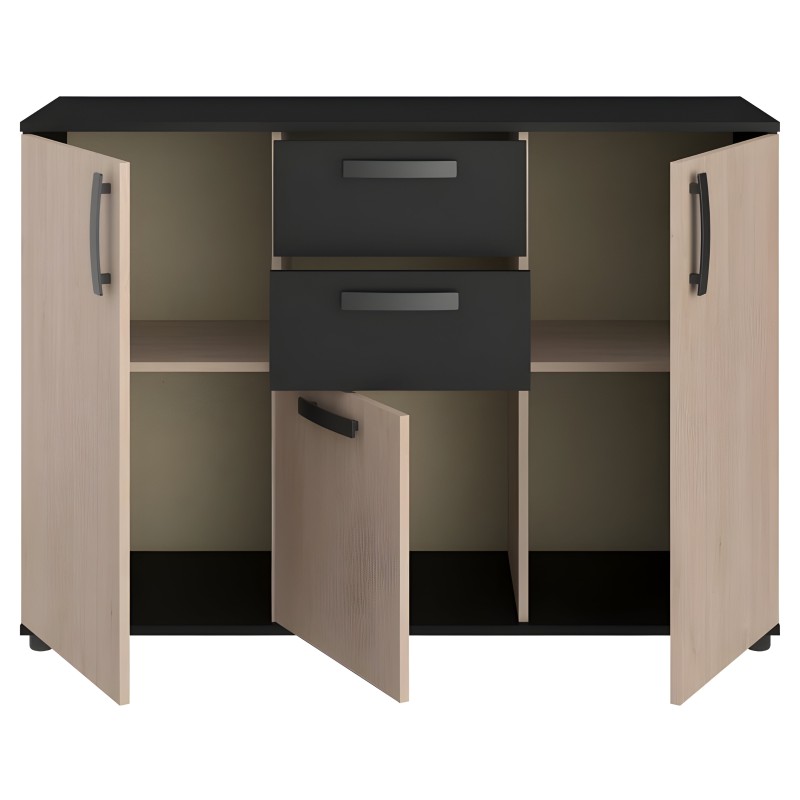 Mueble bajo con puertas de madera clara y encimera negra con dos cajones centrales grises vista frontal abierta