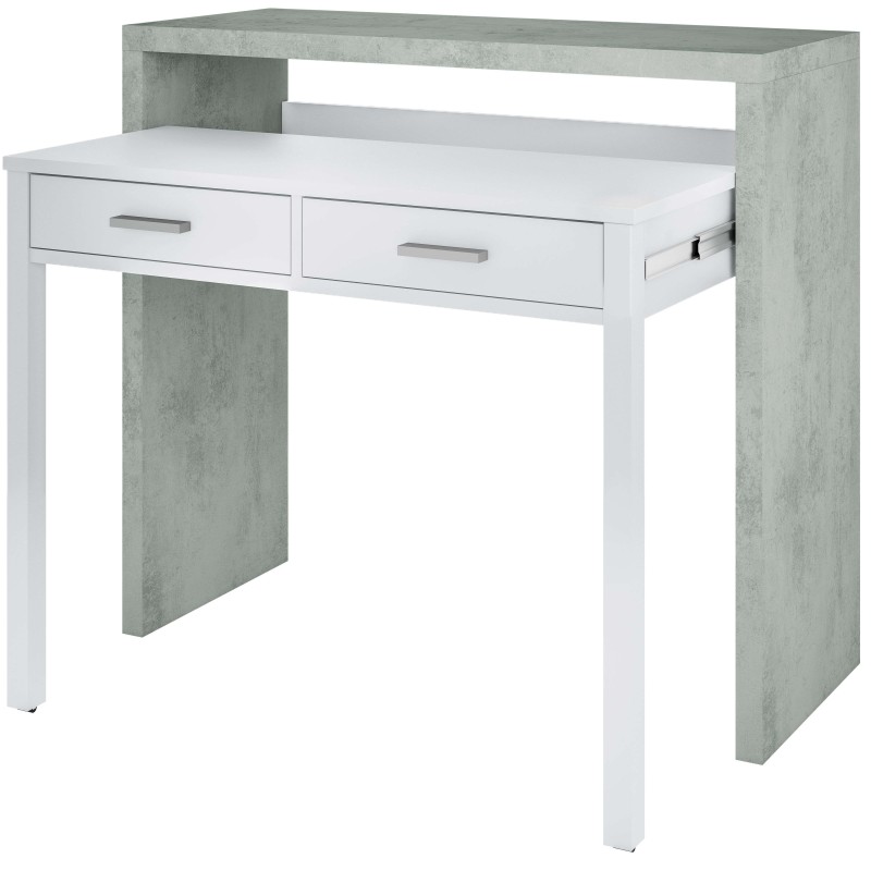Escritorio blanco y gris con dos cajones y estante superior abierto para almacenamiento