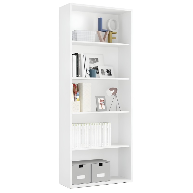 Estantería blanca de 6 estantes con libros y elementos decorativos y cajas de almacenaje inferiores