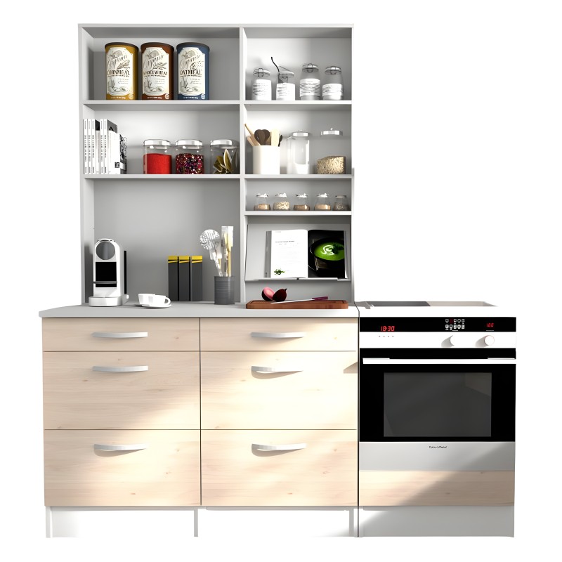 Mueble de cocina modular con estantes blancos y base de madera clara con cajones y horno integrado