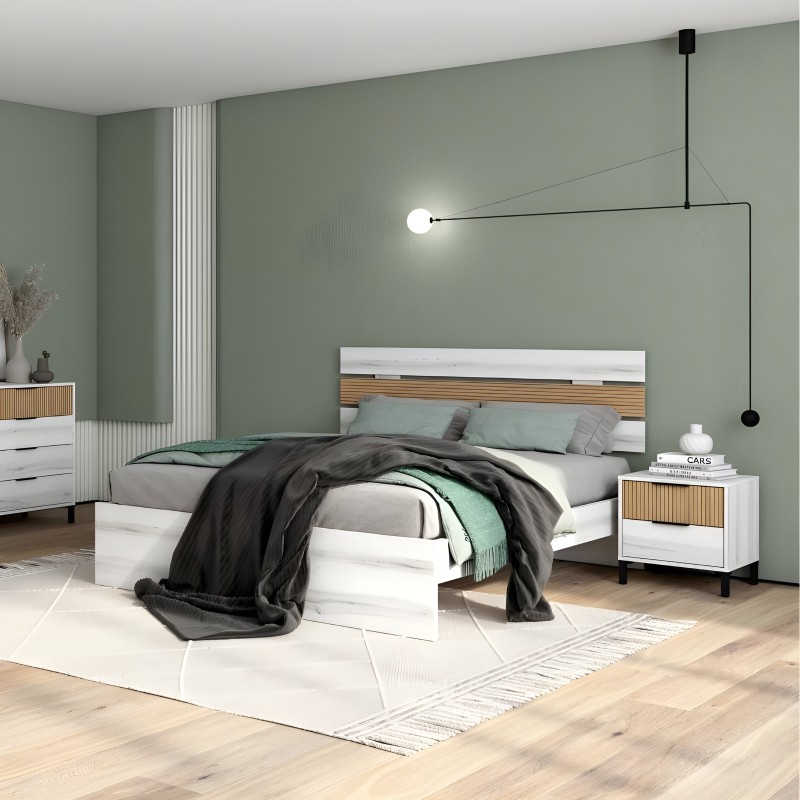 Cama con estructura blanca y cabecero de madera natural y blanco en ambiente de dormitorio moderno con paredes verdes