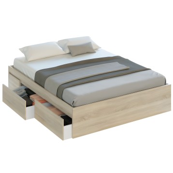 Cama con estructura de madera clara y cajones de almacenamiento integrados en la base con ropa de cama gris y blanca