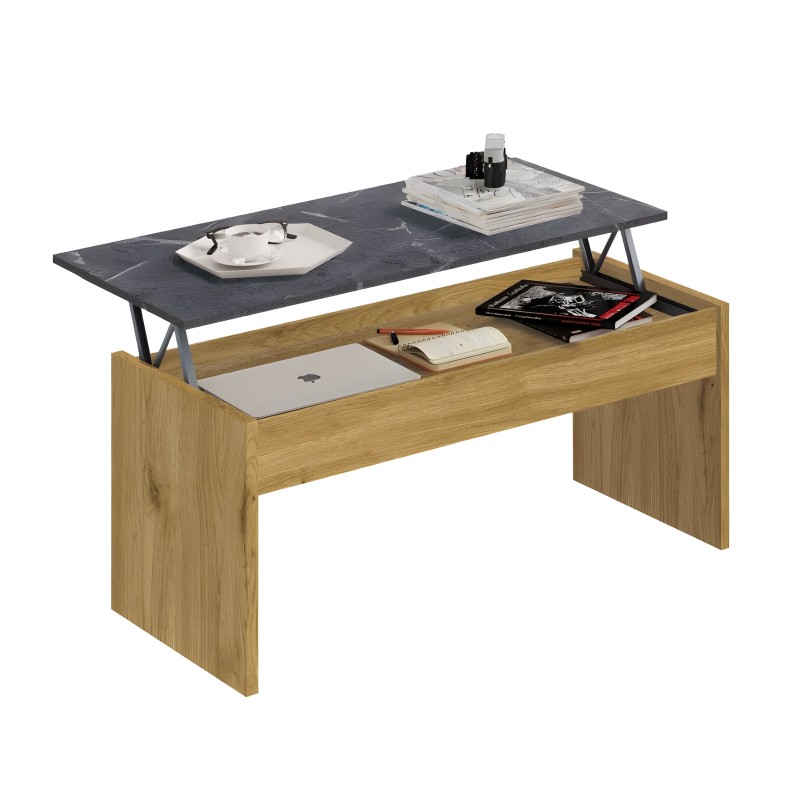 Mesa de centro elevable con tablero pizarra gris y base madera natural con compartimento almacenaje