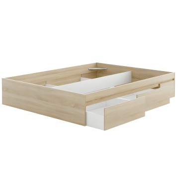 Cama con almacenamiento integrado en madera clara y detalles blancos vista de frente