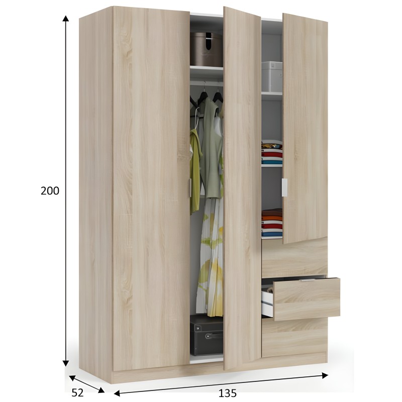 Armario de madera clara con puertas correderas y espejo central y cajones laterales abierto mostrando interior con ropa y estant