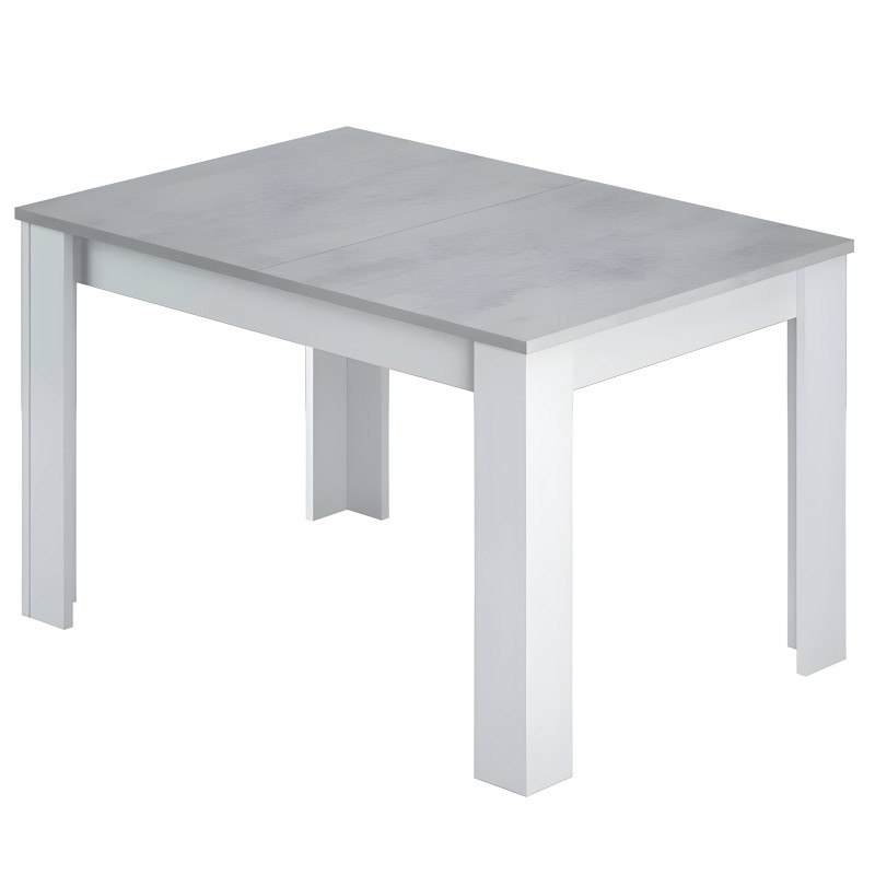 Mesa de comedor rectangular con tablero gris y estructura blanca de patas macizas