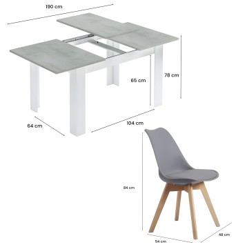 Mesa extensible con tablero gris y patas blancas junto a silla gris con asiento acolchado y patas de madera natural