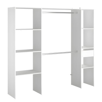 Armario empotrable blanco con estantes abiertos y barras de colgar en estructura modular