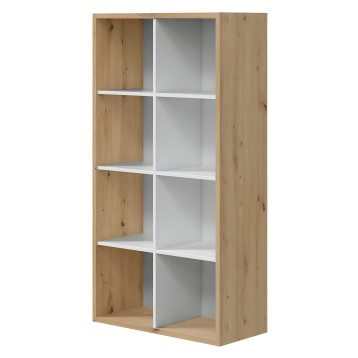 Estantería de madera clara con divisiones blancas y cuatro compartimentos de almacenamiento