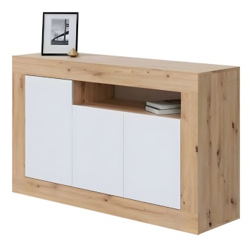 Aparador de madera natural y puertas blancas con estante abierto y superficie superior decorada