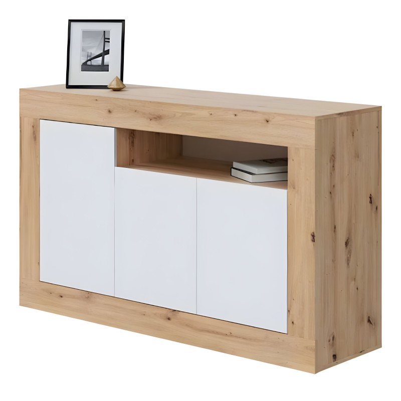 Aparador de madera natural y puertas blancas con estante abierto y superficie superior decorada