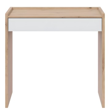 Escritorio compacto de madera clara con cajón blanco y estructura de pino natural