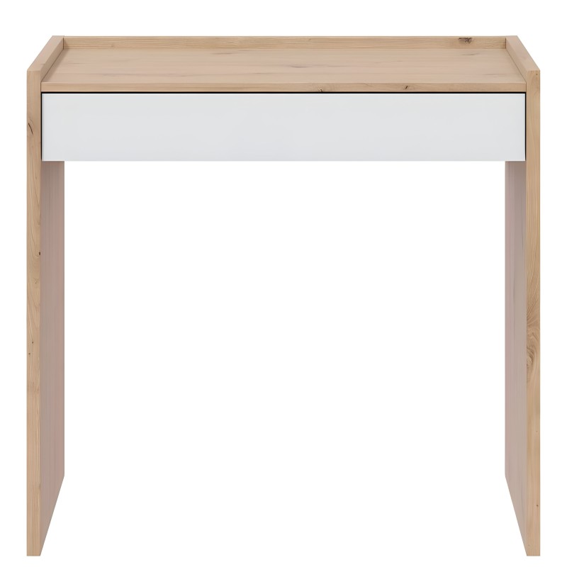 Escritorio compacto de madera clara con cajón blanco y estructura de pino natural