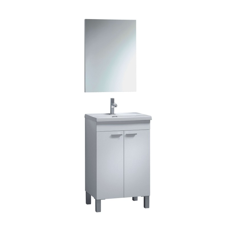 Conjunto mueble de baño blanco con lavamanos y espejo rectangular
