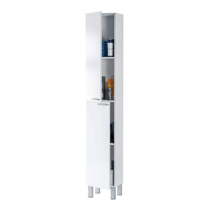 Columna de baño blanca y gris con estantes abiertos y puerta inferior con productos de aseo