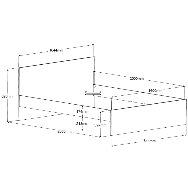 Cama tapizada con respaldo y estructura de madera vista en esquema técnico dimensional