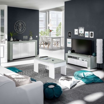 Salón moderno con muebles blanco y gris claro incluyendo mueble TV y aparador sobre pared gris oscuro