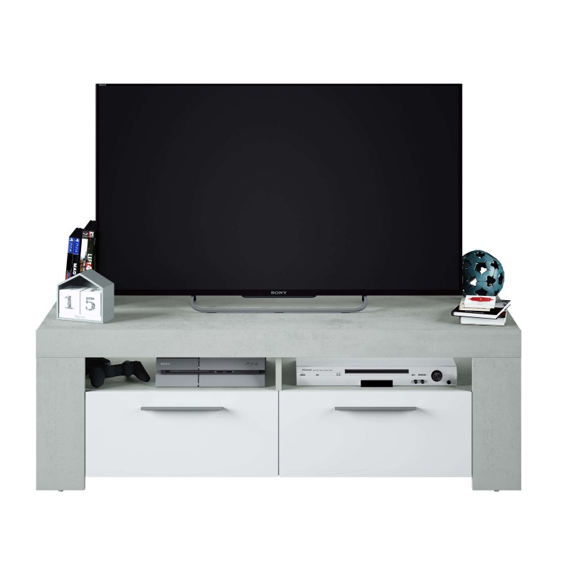 Mueble TV gris y blanco con dos cajones y espacios abiertos para consolas y equipos de entretenimiento