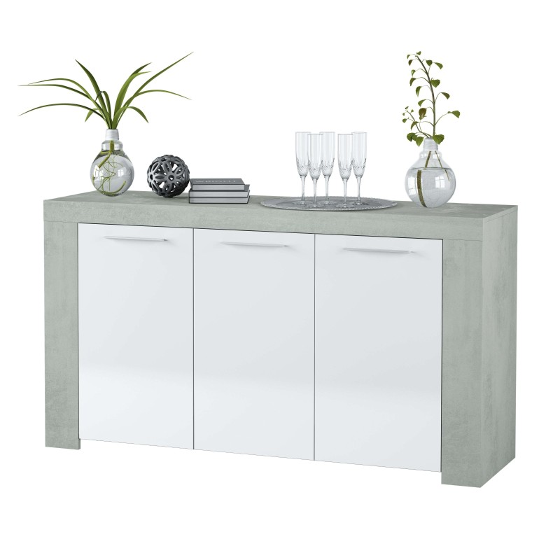 Aparador con frente de tres puertas blancas y estructura gris claro con tapa decorada con plantas y copas