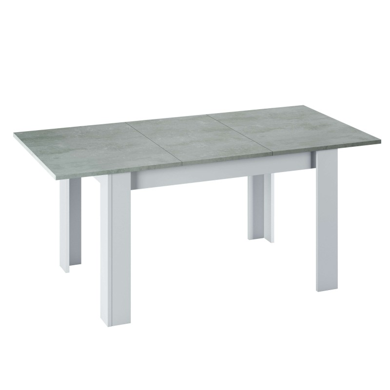 Mesa de comedor extensible con tablero gris cemento y estructura blanca con patas cuadradas
