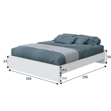 Cama base blanca con colchón y ropa de cama gris azulado y franja central gris claro vista en perspectiva