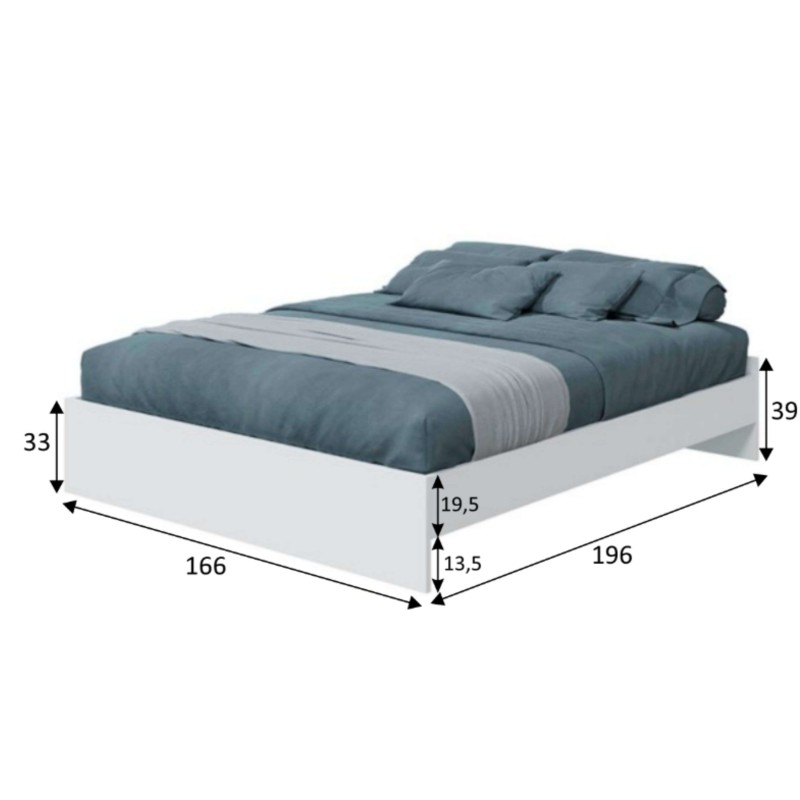 Cama base blanca con colchón y ropa de cama gris azulado y franja central gris claro vista en perspectiva