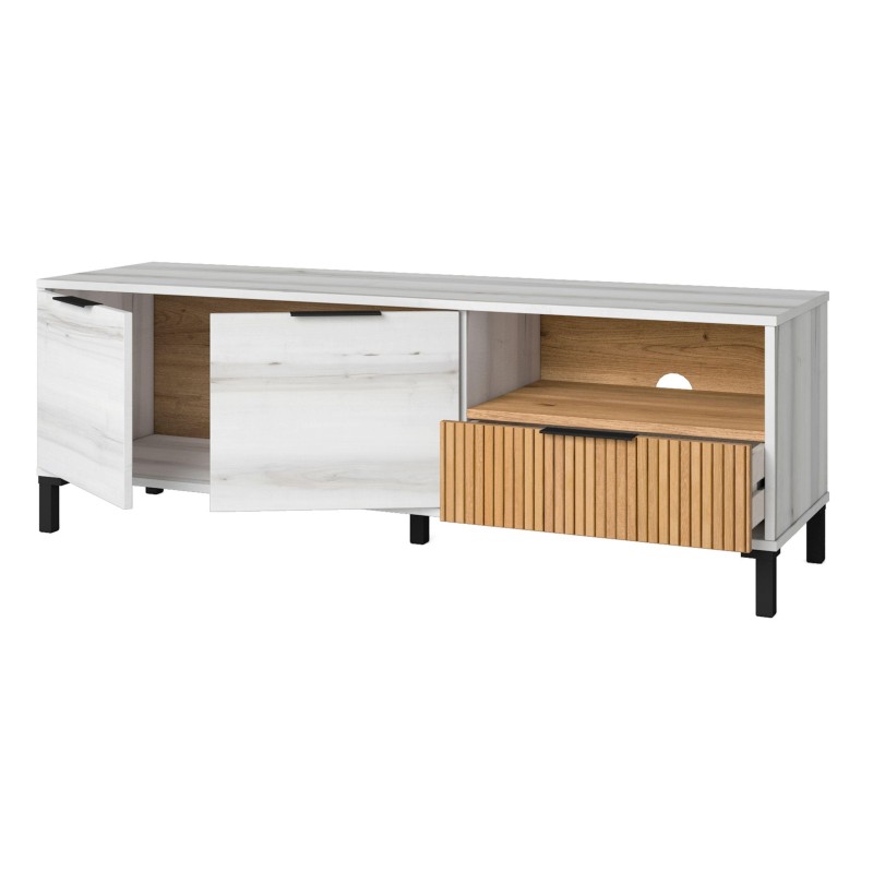 Mueble tv gris con cajones blancos y madera natural y puertas con rayas verticales y patas negras