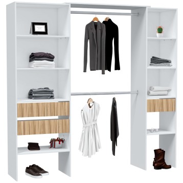 Armario empotrado blanco con puertas de madera natural y barras colgadoras para ropa y accesorios