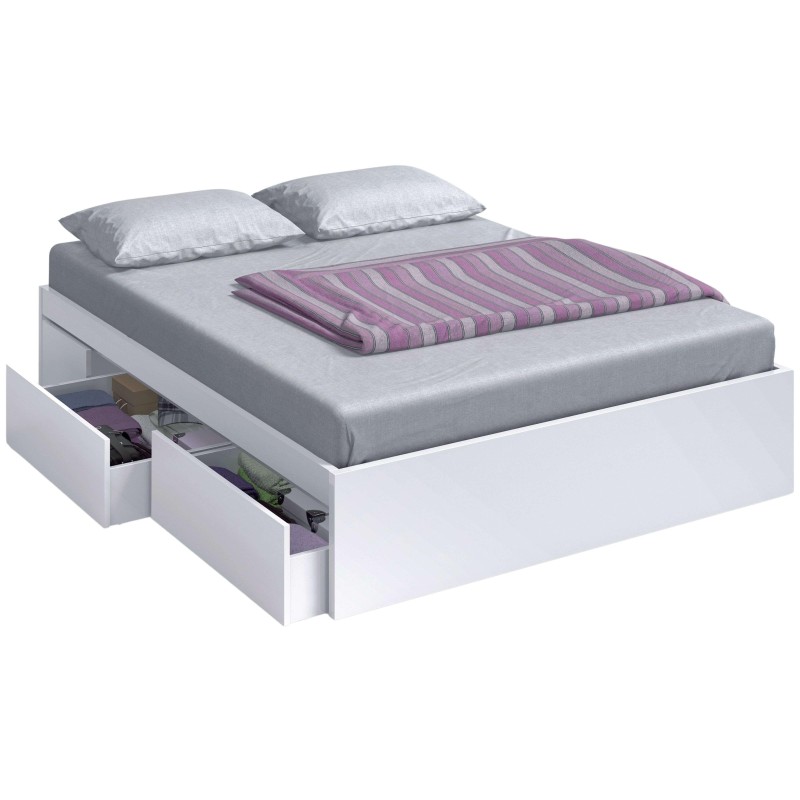 Cama blanca con almacenaje en cajones laterales y colchón gris con manta a rayas moradas