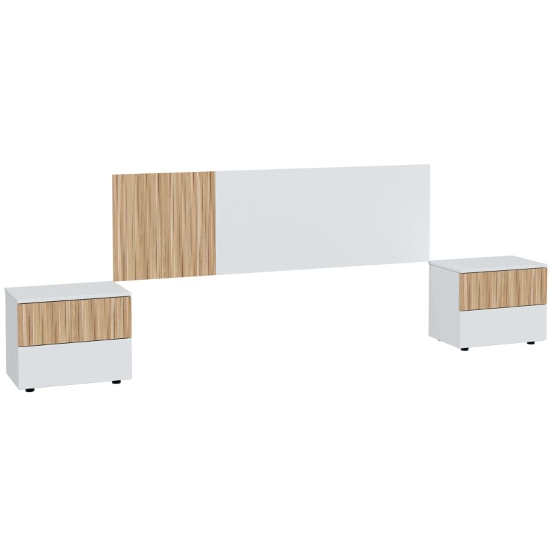 Dormitorio moderno con cabecero blanco y madera natural conectado a dos mesitas de noche a juego