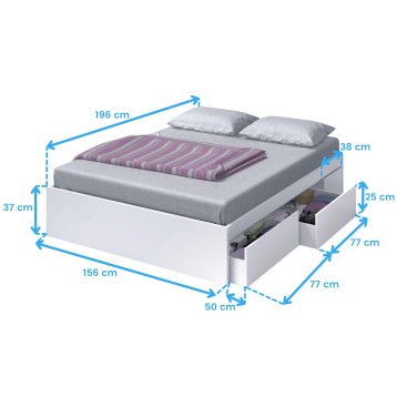 Cama doble blanca con almacenaje en cajones y colchón gris con almohadas incluidas