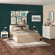 Dormitorio Matrimonio Completo Izzy Moderno En Blanco Mate Y Roble Kronberg (Cama+Cajonera+Mesitas)