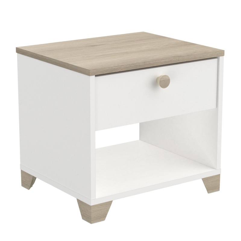 Mesita de noche blanca con tablero en madera clara y estante abierto inferior y tirador redondo