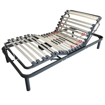 Cama articulada con somier de láminas ajustables y cabecera elevable con estructura metálica gris y mandos laterales