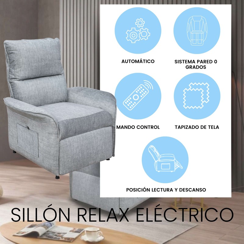 Sillón relax eléctrico tapizado en tela gris claro con respaldo y reposapiés ajustables y mando control