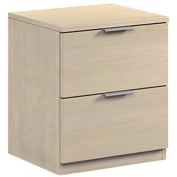 Mesita de noche de madera clara con dos cajones y tirador metálico cromado