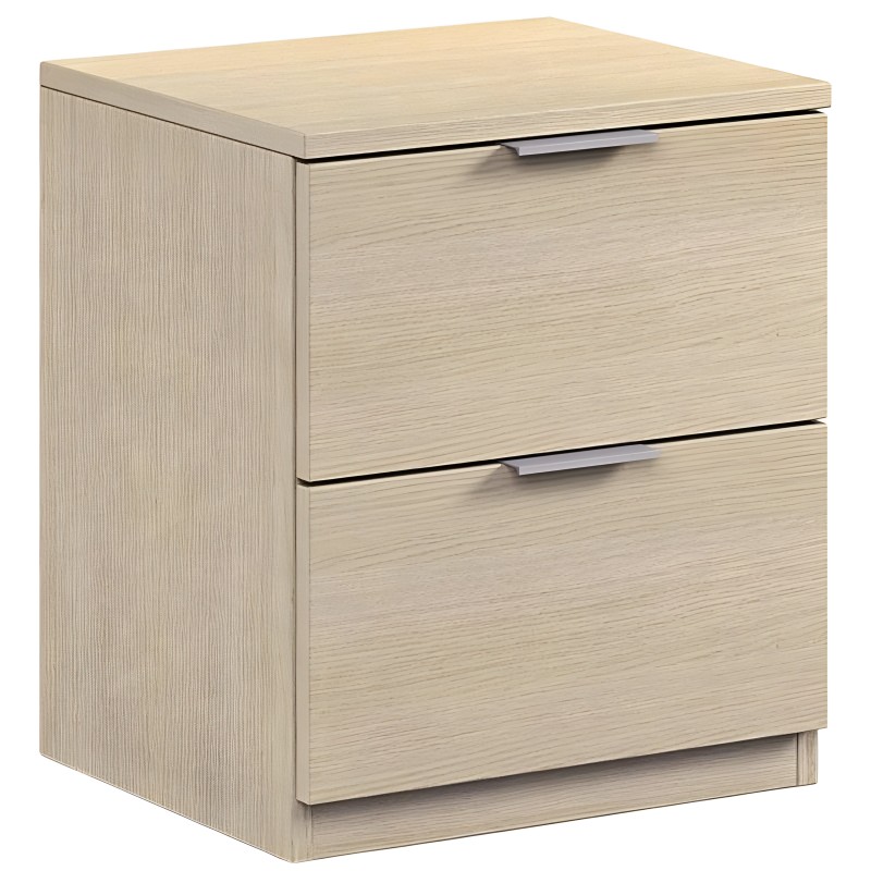 Mesita de noche de madera clara con dos cajones y tirador metálico cromado