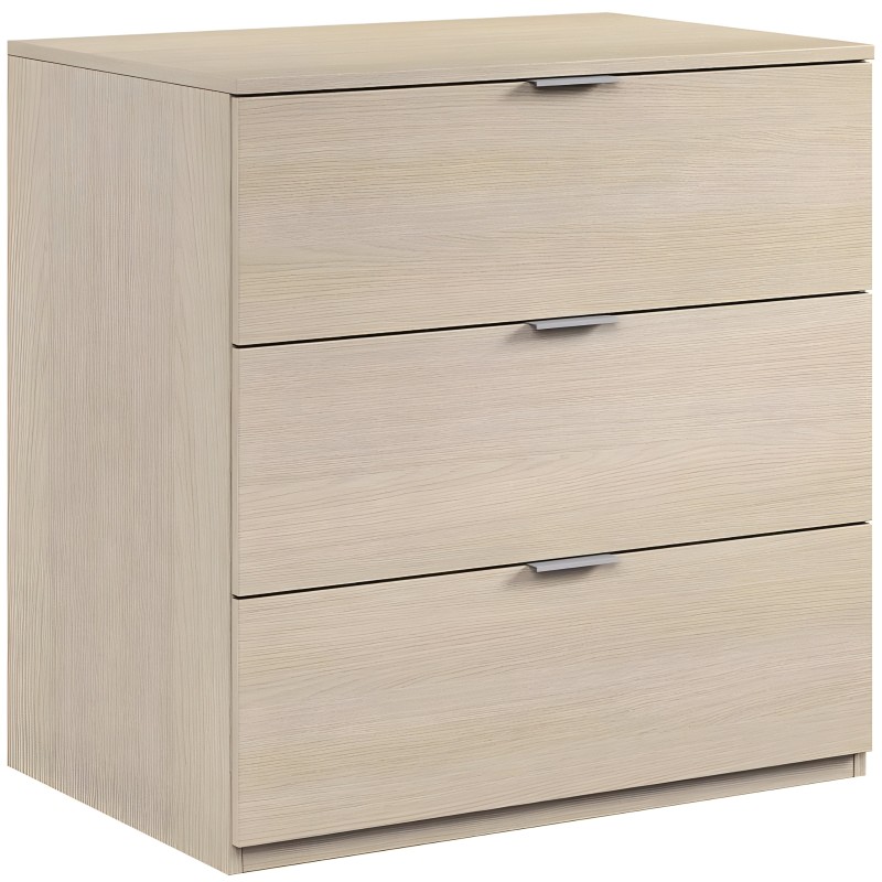 Cómoda de madera clara con tres cajones y tiradores metálicos