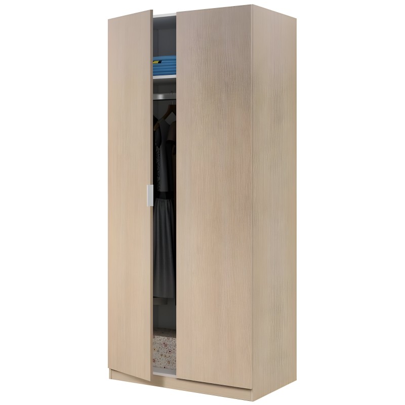 Armario de dos puertas en madera clara con interior abierto mostrando estantes y ropa colgada
