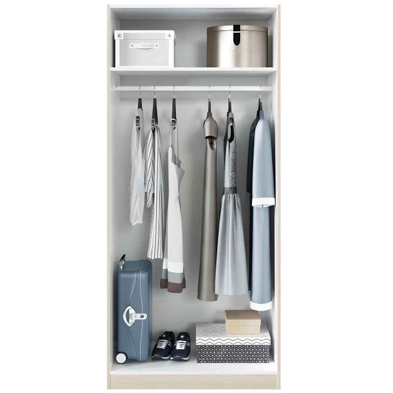 Armario blanco con interior organizado mostrando ropa colgada y accesorios en estantes superiores