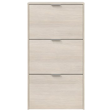 Zapatero de madera clara con tres compartimentos abatibles y tiradores metálicos integrados