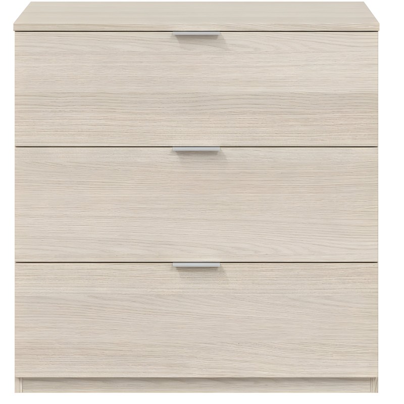 Cómoda de madera clara con tres cajones y asas metálicas