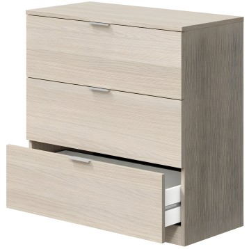Cómoda de madera clara con tres cajones y tiradores metálicos
