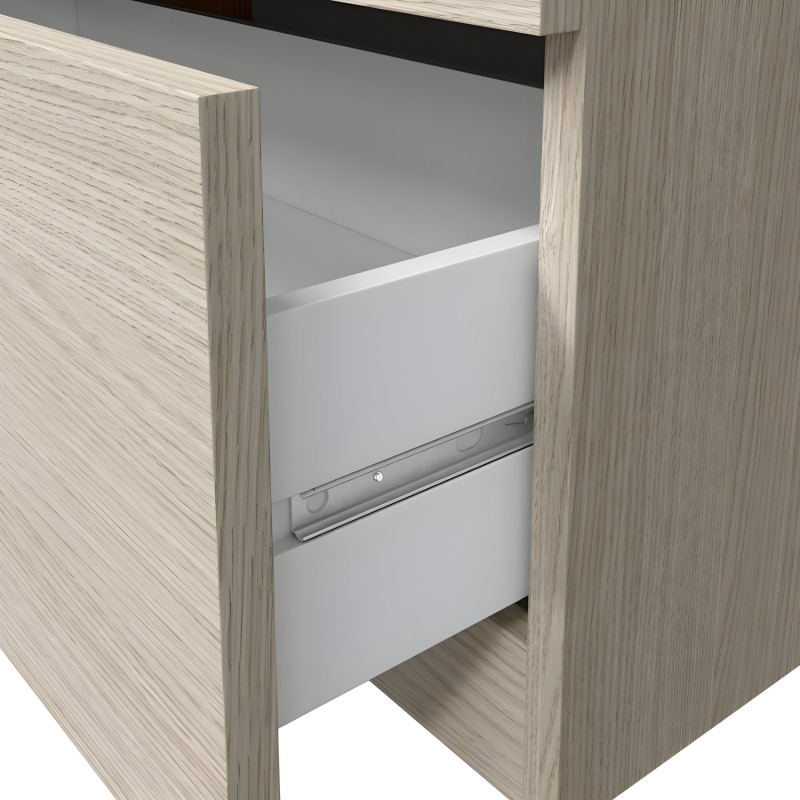 Cajonera de madera clara con cajones blancos y guías metálicas vista frontal en ángulo